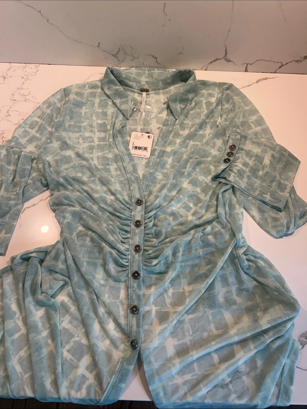 Free People Aqua Tie-Dye Ruched Button Front Tunic